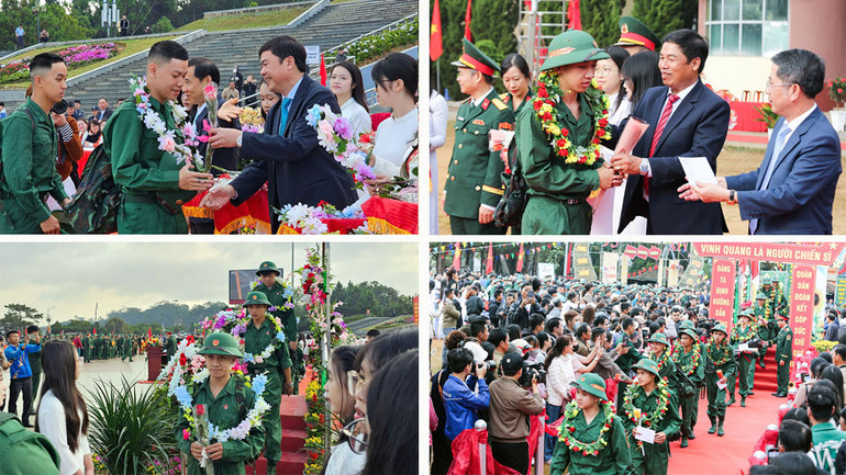Lãnh đạo thành phố Đà Lạt và Bảo Lộc tặng hoa và quà cho các thanh niên trước giờ lên đường nhập ngũ.