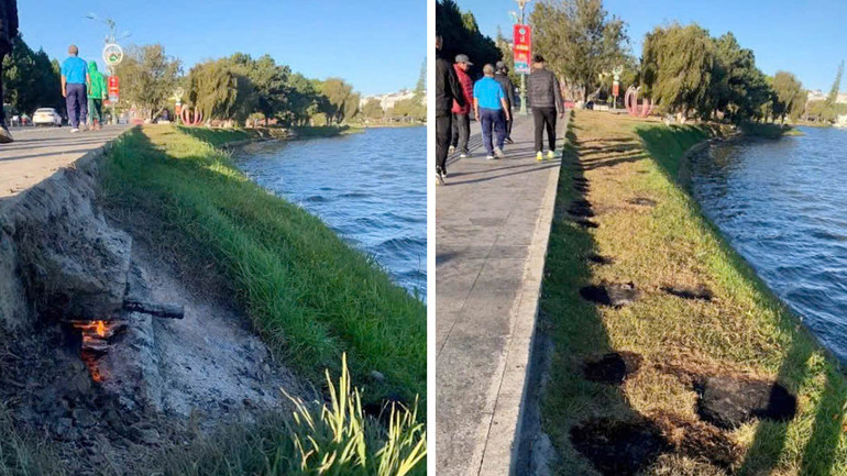 Những thảm cỏ quanh hồ Xuân Hương bị cháy nham nhở khi những người kinh doanh tự phát đốt lửa trong quá trình hoạt động.