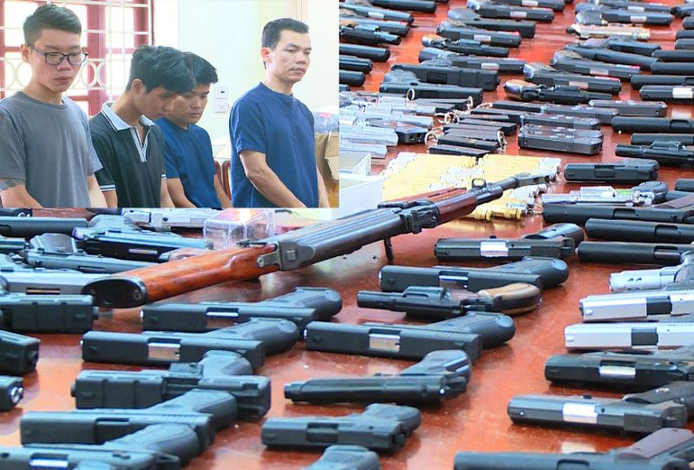 Các đối tượng cùng tang vật vụ án.