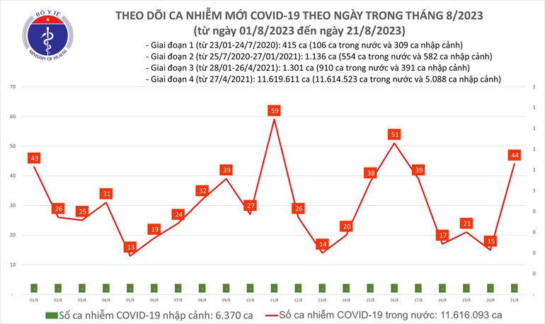 Ngày 21/8: Ca COVID-19 tăng mạnh, có 4 bệnh nhân thở oxy - Ảnh 1. Biểu đồ số ca mắc Covid-19 tại Việt Nam thời gian qua.