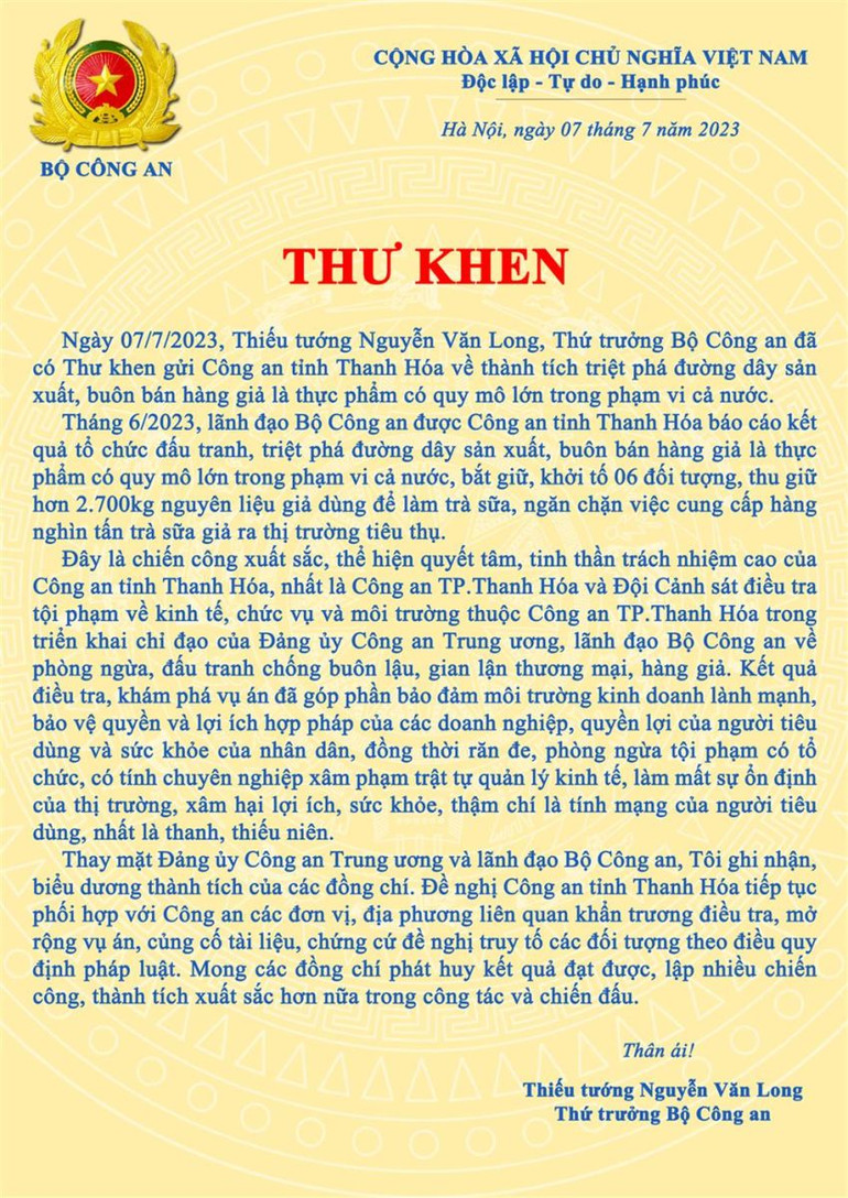 Nội dung thư khen Công an Thanh Hóa.