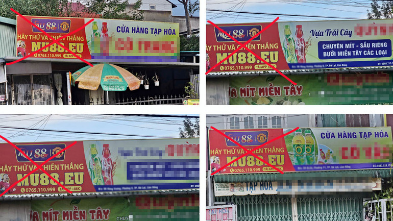 Logo website, ứng dụng trò chơi trực tuyến có tính chất cờ bạc, cá cược xuất hiện trên biển hiệu cửa hàng tại Lâm Đồng. (Ảnh: Công an tỉnh Lâm Đồng cung cấp)