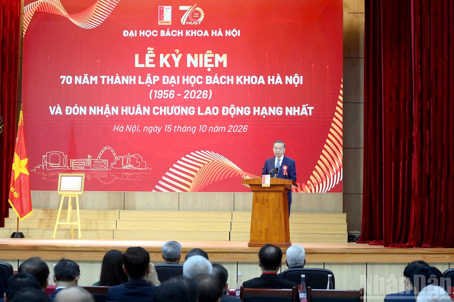 Tổng B&iacute; thư, Chủ tịch nước T&ocirc; L&acirc;m ph&aacute;t biểu tại Lễ kỷ niệm 70 năm th&agrave;nh lập Đại học B&aacute;ch khoa H&agrave; Nội. (Ảnh: ĐĂNG KHOA)