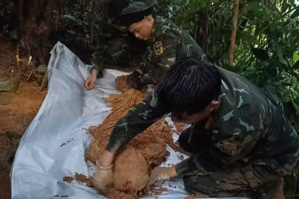Đội quy tập hài cốt liệt sĩ Đoàn Kinh tế-Quốc phòng 337 (Quân khu 4) cất bốc 1 hài cốt liệt sĩ tại đồi Khe Cụt, xã Khe Sanh. (Ảnh: Đoàn Kinh tế-Quốc phòng 337)