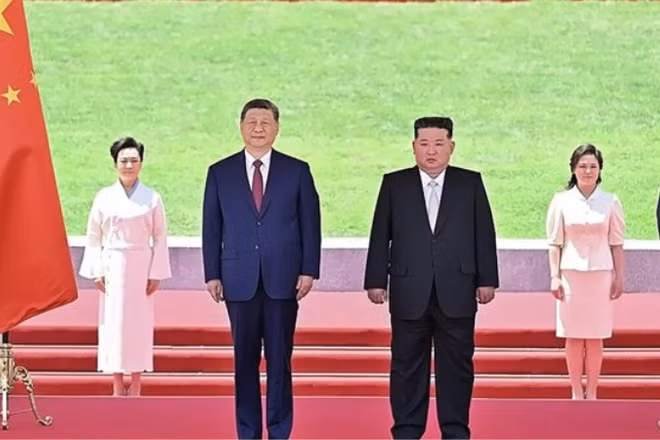 Lễ đón Chủ tịch Trung Quốc Tập Cận Bình và Phu nhân thăm Triều Tiên. (Ảnh: Xinhua)