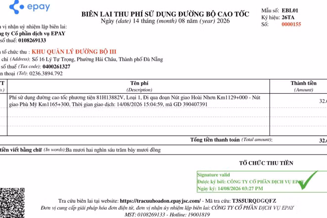Biên lai giao dịch đầu tiên việc thu phí cao tốc Quảng Ngãi-Nha Trang.