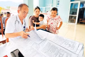 Bác sĩ Nông Văn Lực khám bệnh cho trẻ em tại Trạm y tế xã Bạch Thông.