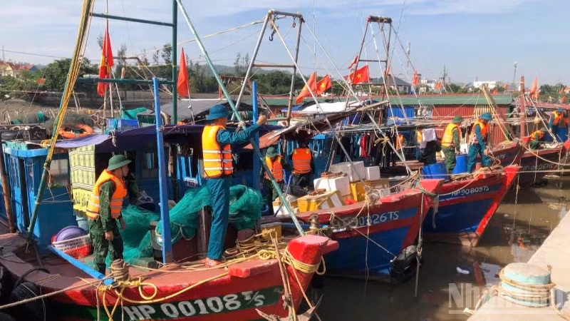 Cán bộ, chiến sĩ Đồn Biên phòng Đồ Sơn hỗ trợ ngư dân chằng buộc phương tiện tại khu vực neo đậu.