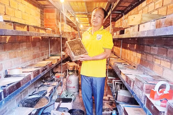 Anh Trương Nhật Trường kiểm tra đàn ong dú nuôi tại trại (Ảnh NVCC)