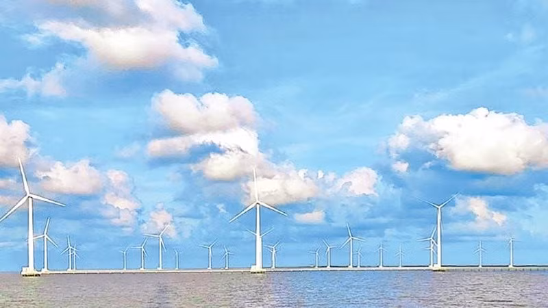 rên “cánh đồng điện gió” ngoài khơi xa ở xã Vĩnh Hậu, Cà Mau (Ảnh HỮU THỌ)