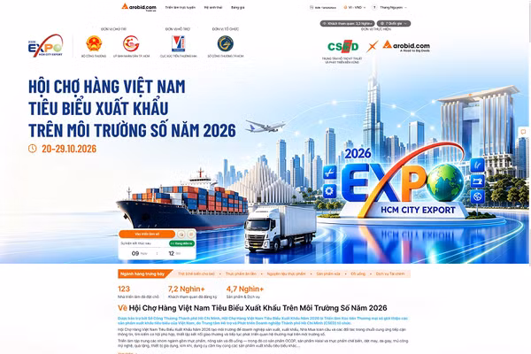 Hội chợ hàng Việt Nam tiêu biểu xuất khẩu trên môi trường số năm 2026 (tradexpo.arobid.com) là hoạt động bổ trợ cho Hội chợ Hàng Việt Nam tiêu biểu xuất khẩu 2026 (HCMC EXPORT 2026) diễn ra trực tiếp từ ngày 22-24/10. (Ảnh: Arobid.com)