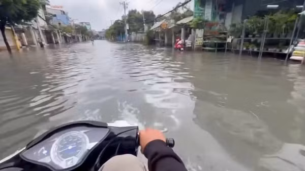 Khu vực làng hoa Gò Vấp ngập như sông sau cơn mưa chiều 7/10. (Ảnh: TẤT ĐẠT)