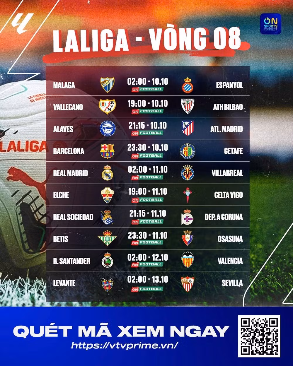 Lịch thi đấu La Liga vòng 8. (Ảnh: VTV)