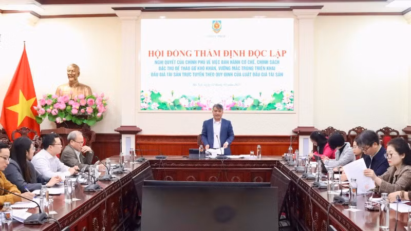 Thứ trưởng Tư pháp Nguyễn Thanh Tú phát biểu tại phiên họp của Hội đồng thẩm định độc lập dự thảo Nghị quyết của Chính phủ về việc ban hành cơ chế, chính sách đặc thù để tháo gỡ khó khăn, vướng mắc trong triển khai đấu giá tài sản trực tuyến. (Ảnh: TL)