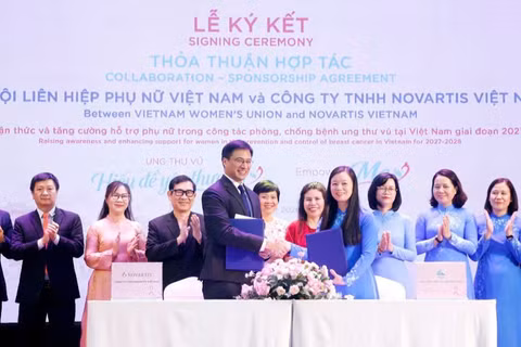 Lễ ký kết Chương trình hợp tác giai đoạn 2027-2028 giữa Hội Liên hiệp Phụ nữ Việt Nam và Công ty TNHH Novartis Việt Nam. (Ảnh: CTV)