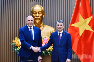 Thủ tướng Chính phủ Lê Minh Hưng và Bộ trưởng Ngoại giao Hy Lạp George Gerapetritis. (Ảnh: THANH GIANG)