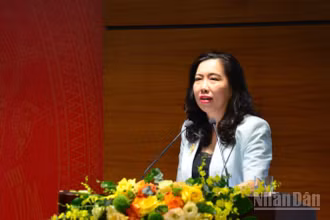 Đồng chí Lê Thị Thu Hằng, Ủy viên Ban Thường vụ Đảng ủy, Trưởng ban Tuyên giáo và Dân vận Đảng ủy Chính phủ, Thứ trưởng Ngoại giao, thông tin chuyên đề tại hội nghị. (Ảnh: PHẠM CƯỜNG)
