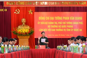 Đại tướng Phan Văn Giang, Ủy viên Bộ Chính trị, Phó Bí thư Quân ủy Trung ương, Phó Thủ tướng Chính phủ, Bộ trưởng Quốc phòng làm việc với Ban Thường vụ Tỉnh ủy Nghệ An.