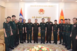 Đại tướng Phan Văn Giang, Ủy viên Bộ Chính trị, Phó Bí thư Quân ủy Trung ương, Phó Thủ tướng Chính phủ, Bộ trưởng Quốc phòng và Đại tướng Khamliang Outhakaysone, Ủy viên Bộ Chính trị Đảng Nhân dân Cách mạng Lào, Phó Thủ tướng Chính phủ, Bộ trưởng Quốc phòng Lào cùng các đại biểu tại buổi tiếp.