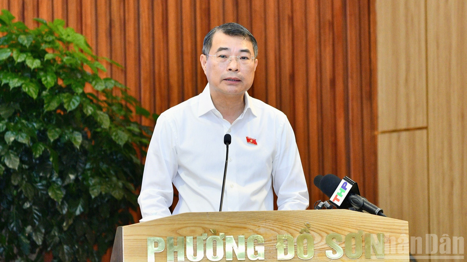 Thủ tướng Chính phủ Lê Minh Hưng phát biểu ý kiến tại hội nghị tiếp xúc cử tri thành phố Hải Phòng trước Kỳ họp thứ hai, Quốc hội khóa XVI. (Ảnh: THANH GIANG)