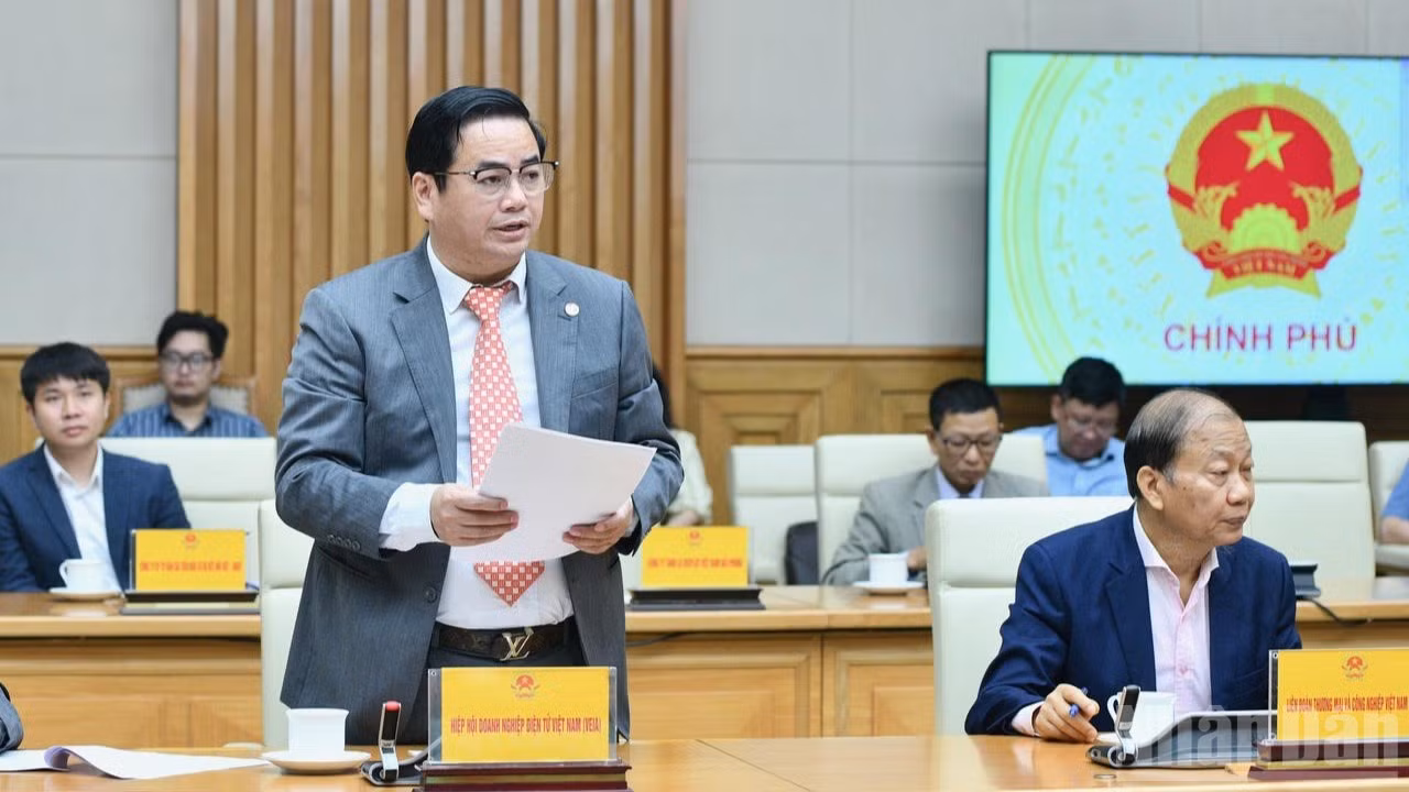 Lãnh đạo Hiệp hội Doanh nghiệp điện tử Việt Nam phát biểu ý kiến tại cuộc làm việc. (Ảnh: THANH GIANG)