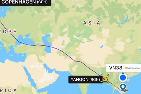 Sơ đồ hành trình bay của chuyến bay VN38 từ Copenhagen đi Thành phố Hồ Chí Minh. (Ảnh: Vietnam Airlines cung cấp).