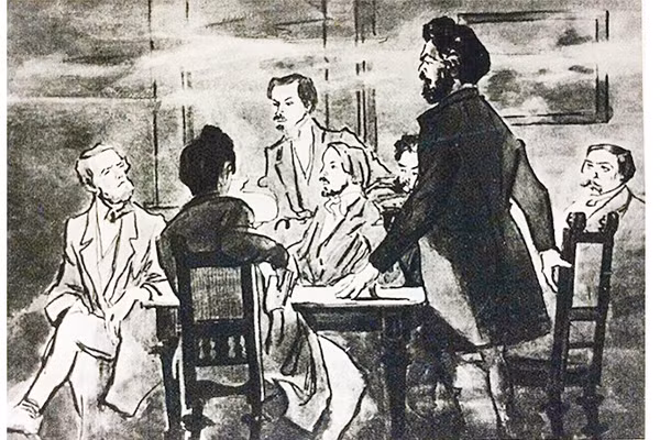 C.Mác phát biểu tại Ủy ban thông tin cộng sản Brussels vào năm 1846. Tranh tư liệu