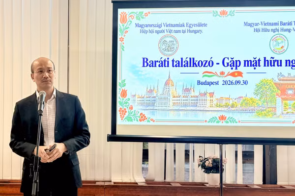 Đại sứ Bùi Lê Thái phát biểu tại buổi gặp mặt giao lưu. (Ảnh: Đại sứ quán Việt Nam tại Hungary cung cấp)