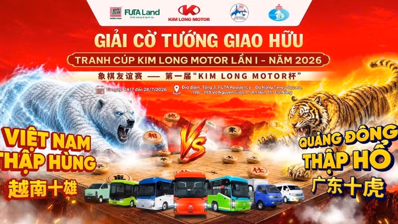 Poster giới thiệu Giải Cờ tướng giao hữu quốc tế Việt Nam-Trung Quốc (Quảng Đông) tranh Cúp Kim Long Motor lần thứ nhất.