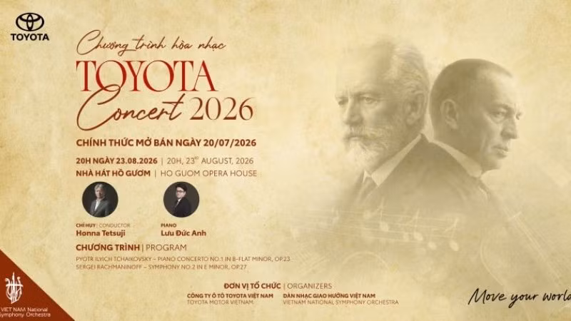 Chương trình Hòa nhạc Toyota 2026 do Công ty ô-tô Toyota Việt Nam phối hợp cùng Dàn nhạc Giao hưởng Việt Nam (VNSO) tổ chức, sẽ diễn ra vào lúc 20 giờ ngày 23/8 tới tại Nhà hát Hồ Gươm (Hà Nội).