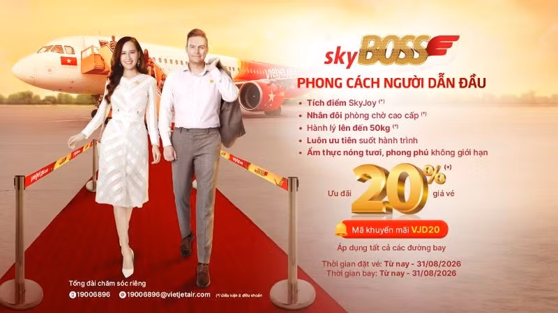 Vietjet công bố triển khai chương trình ưu đãi mùa hè với mức giảm 20% giá vé cho các hạng vé Deluxe, SkyBoss và Business trên toàn mạng bay trong nước và quốc tế.