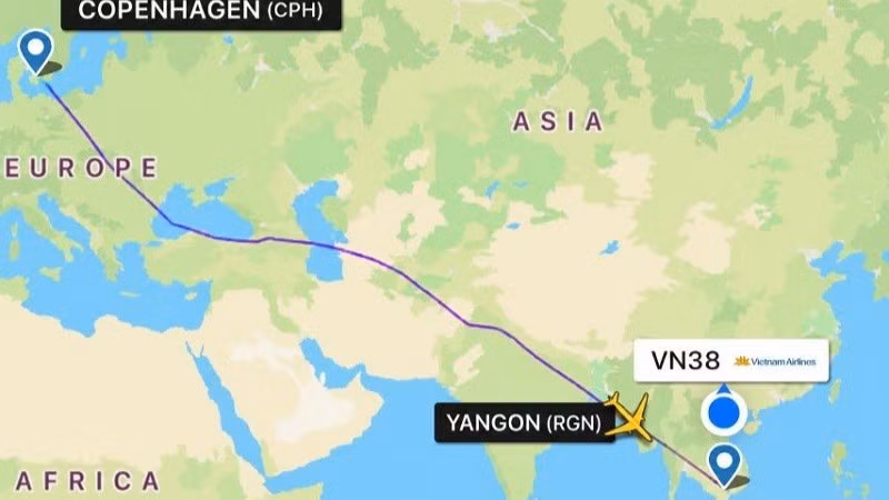 Sơ đồ hành trình bay của chuyến bay VN38 từ Copenhagen đi Thành phố Hồ Chí Minh. (Ảnh: Vietnam Airlines cung cấp).