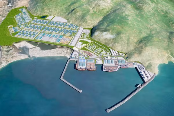 Thiết kế mô phỏng Nhà máy điện khí LNG Cà Ná công suất 1.500MW có tổng đầu tư hơn 57.384 tỷ đồng, do Liên danh Trung Nam-Sideros River đầu tư. Dự tính khởi công vào cuối năm 2026 và hướng tới vận hành vào cuối tháng 12/2030. (Ảnh: PHƯƠNG THẢO)