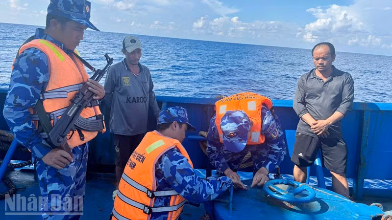Lực lượng chức năng Bộ Tư lệnh Vùng Cảnh sát biển 4 kiểm tra, niêm phong hàng hóa vi phạm trên tàu BV 99889 TS.