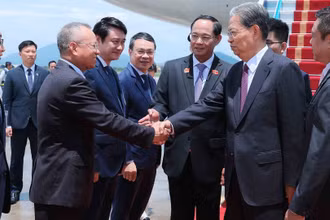 Phó Chủ tịch Quốc hội Trần Quang Phương cùng đại diện lãnh đạo các ban, bộ, ngành và thành phố Hà Nội đón Ủy viên trưởng Nhân đại toàn quốc Trung Quốc Triệu Lạc Tế tại Sân bay quốc tế Nội Bài. (Ảnh: An Đăng/TTXVN) 