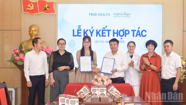 Công ty TraphacoSapa và Công ty True Health ký kết hợp tác phân phối độc quyền sản phẩm Cacao Actiso. (Ảnh: CÔNG HẢI)
