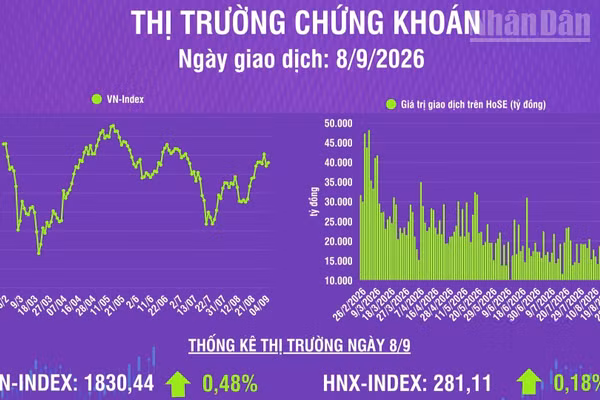 [Infographic] Chứng khoán ngày 8/9: VN-Index tăng 8,8 điểm, khối lượng giao dịch khớp lệnh giảm 19,7% so phiên trước