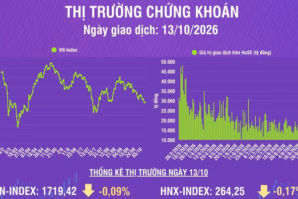 [Infographic] Chứng khoán ngày 13/10: VN-Index giảm nhẹ 1,56 điểm, khối ngoại tiếp tục bán ròng