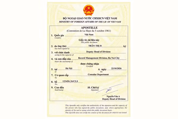 Mẫu chứng nhận Apostille của Việt Nam triển khai từ ngày 11/9/2026. (Ảnh: Bộ Ngoại giao Việt Nam cung cấp)