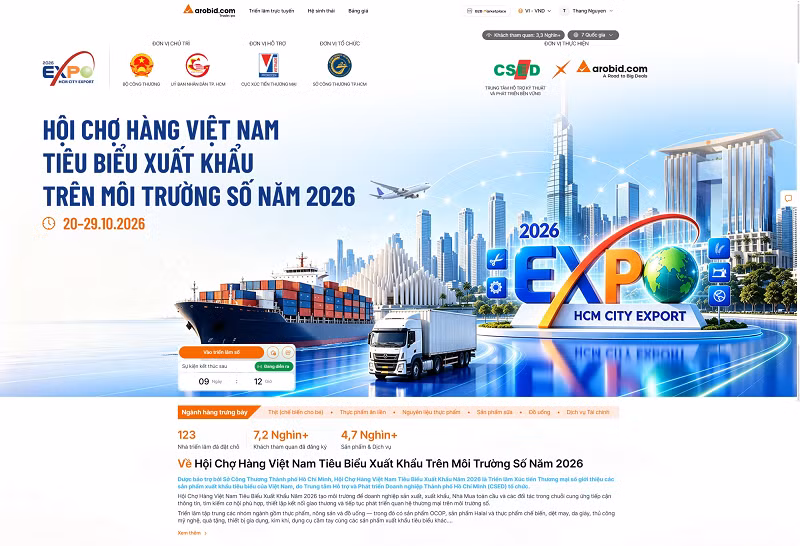 Hội chợ hàng Việt Nam tiêu biểu xuất khẩu trên môi trường số năm 2026 (tradexpo.arobid.com) là hoạt động bổ trợ cho Hội chợ Hàng Việt Nam tiêu biểu xuất khẩu 2026 (HCMC EXPORT 2026) diễn ra trực tiếp từ ngày 22-24/10. (Ảnh: Arobid.com)