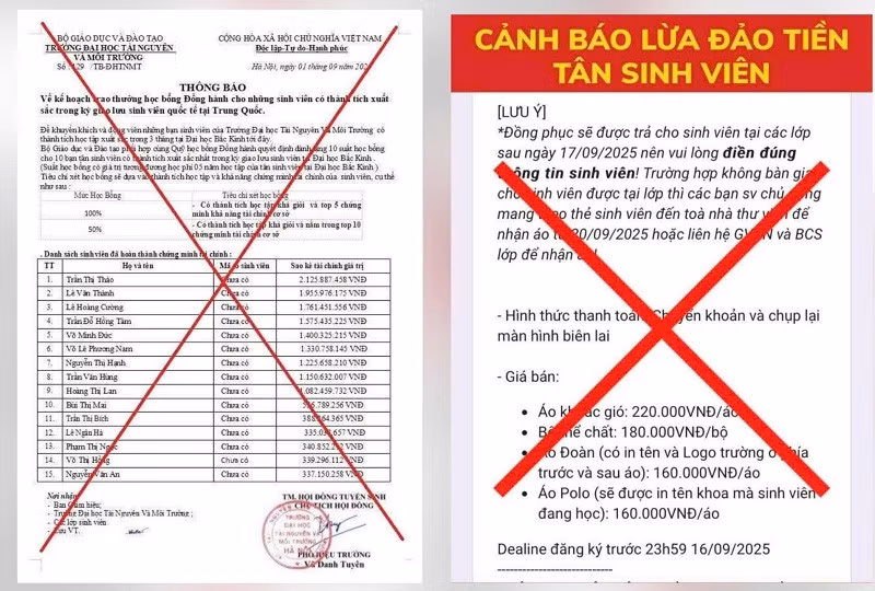 Hai trường hợp lừa đảo được Trường đại học Tài nguyên và Môi trường Hà Nội ghi nhận thời gian gần đây.