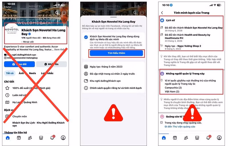 Một trang fanpage giả mạo có tích xanh với lịch sử tên trang bị thay đổi và vị trí đăng nhập tài khoản từ trong nước và nước ngoài. Tội phạm mạng tinh vi hơn khi hướng dẫn khách hàng chuyển tiền vào đúng tài khoản ngân hàng chính thức của doanh nghiệp nhằm tạo dựng niềm tin, trước khi kích hoạt kịch bản lừa đảo "hoàn tiền vì chuyển sai cú pháp" để chiếm đoạt số tiền lớn hơn.
