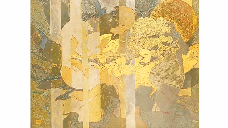 "Miền giao hòa" (80x100cm, sơn mài, năm 2026) của họa sĩ Nguyễn Nghĩa Dậu, giảng viên Khoa Đồ họa.