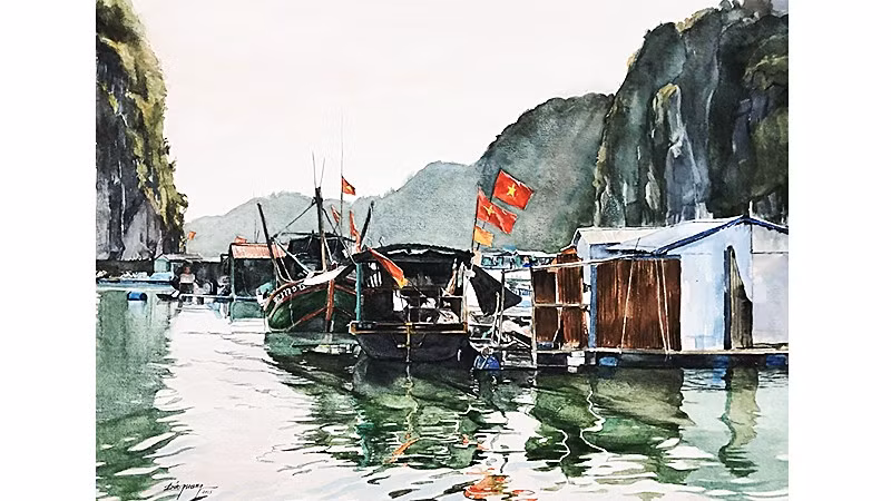 Chợ cá trên vịnh Cát Bà, mầu nước, 56x76cm 2025.