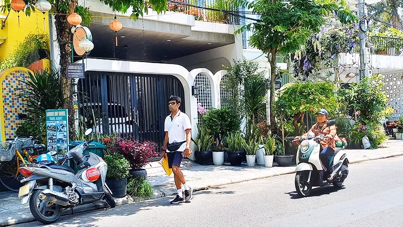 Chậu cảnh lấn hết vỉa hè khiến khách du lịch nước ngoài phải đi bộ dưới lề đường. 