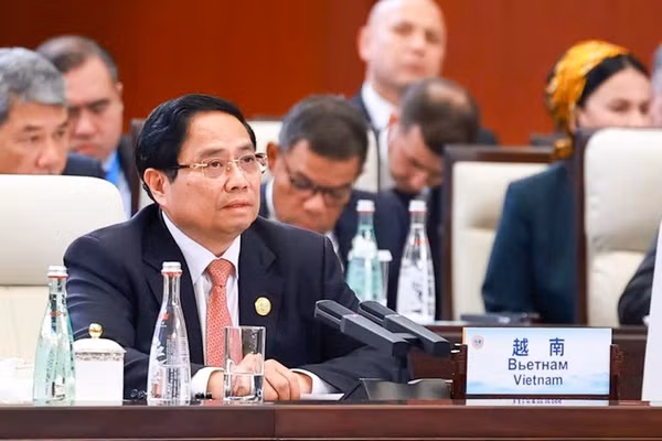 Thủ tướng Chính phủ Phạm Minh Chính phát biểu tại Hội nghị Thượng đỉnh Tổ chức Hợp tác Thượng Hải (SCO) mở rộng. (Ảnh: TTXVN)