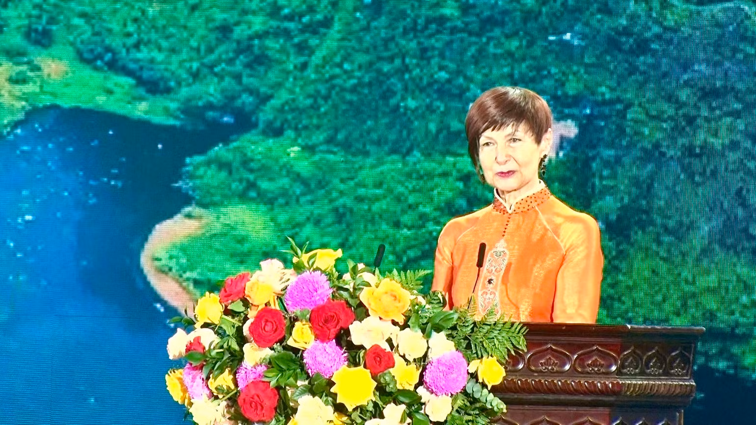 Bà Simona Mirela Miculescu, Chủ tịch Đại hội đồng UNESCO lần thứ 42 phát biểu.