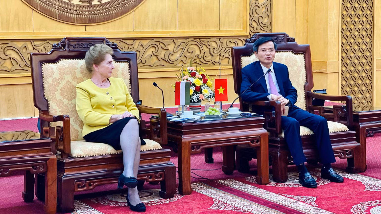 Đồng chí Đoàn Minh Huấn, Bí thư Tỉnh ủy Ninh Bình trao đổi cùng bà Márta Mátrai, Phó Chủ tịch thứ nhất Quốc hội Hungary. Đồng chí Đoàn Minh Huấn, Bí thư Tỉnh ủy Ninh Bình trao đổi cùng bà Márta Mátrai, Phó Chủ tịch thứ nhất Quốc hội Hungary.