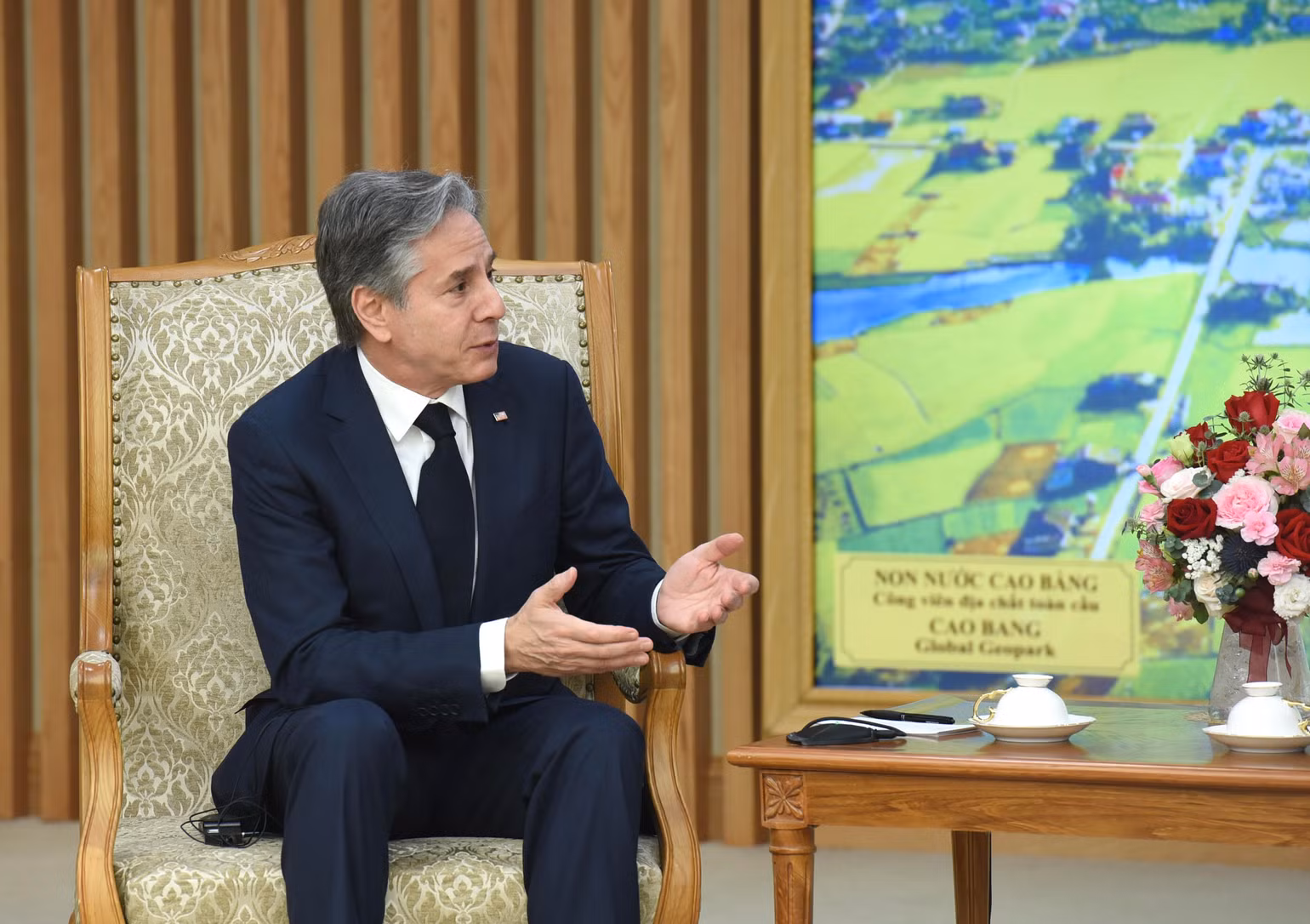 Bộ trưởng Ngoại giao Hoa Kỳ Antony Blinken phát biểu tại buổi tiếp. Bộ trưởng Ngoại giao Hoa Kỳ Antony Blinken phát biểu tại buổi tiếp.