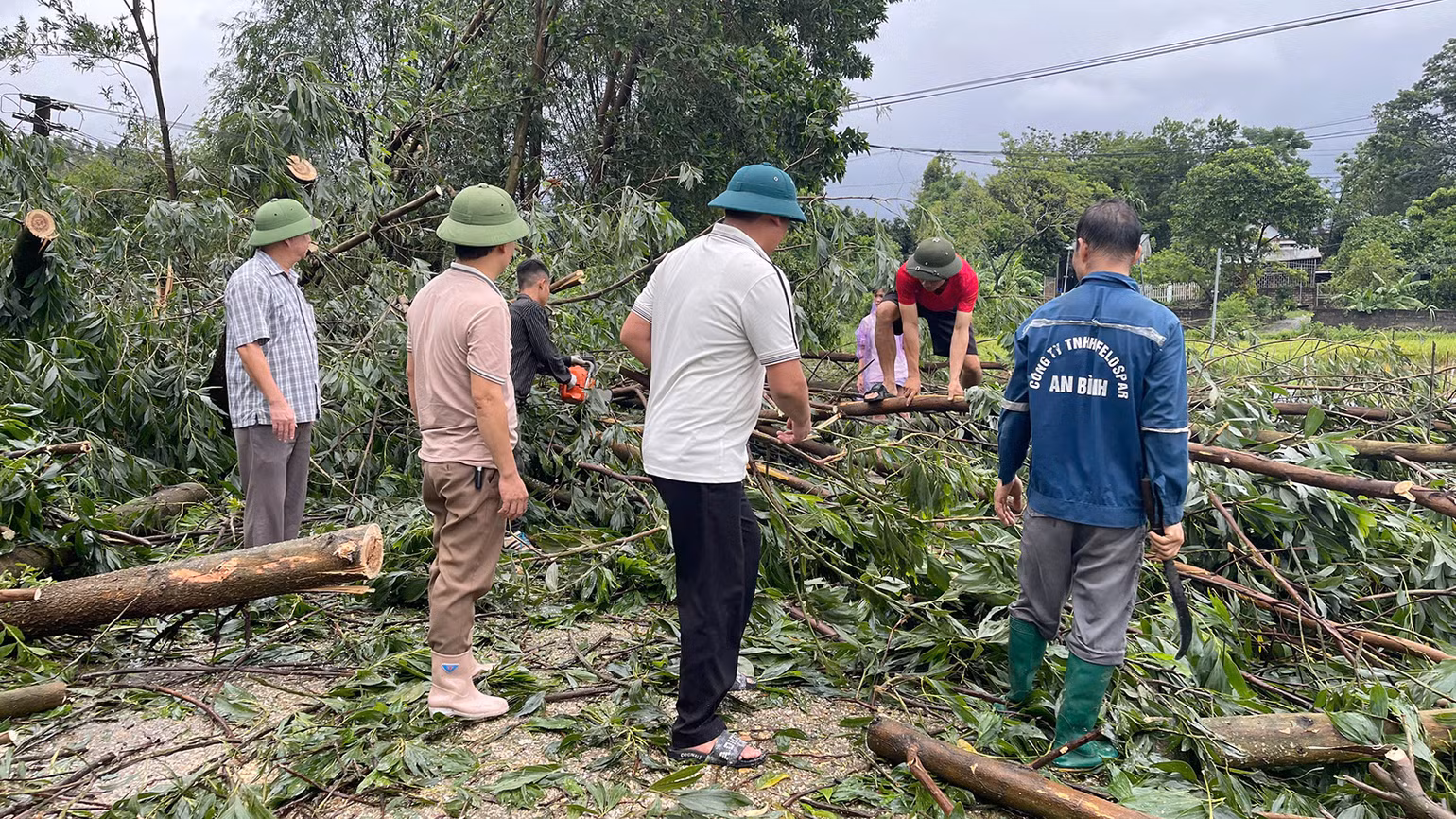 Người dân thôn Ba Nhà xã Sơn Nam, huyện Sơn Dương, dọn dẹp những cây xanh bị đổ tại tuyến đường liên thôn.
